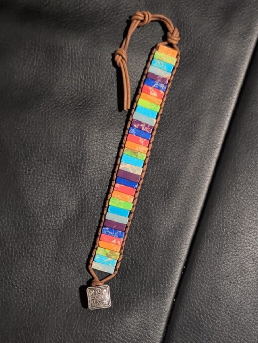 Multicolor Stone Inlay Leather Bracelet - Women's Colorful Adjustable Wristwear
